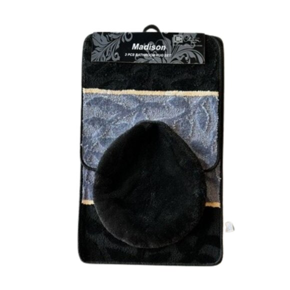 Madison 3 Piece Bathroom Rug Set, Bathroom Rug, Contour Rug & Lid Cover Black - Picture 1 of 4